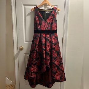 Red & Black Floral Jacquard Belted Gown w Hi Low Hem - Eliza J, Size 10